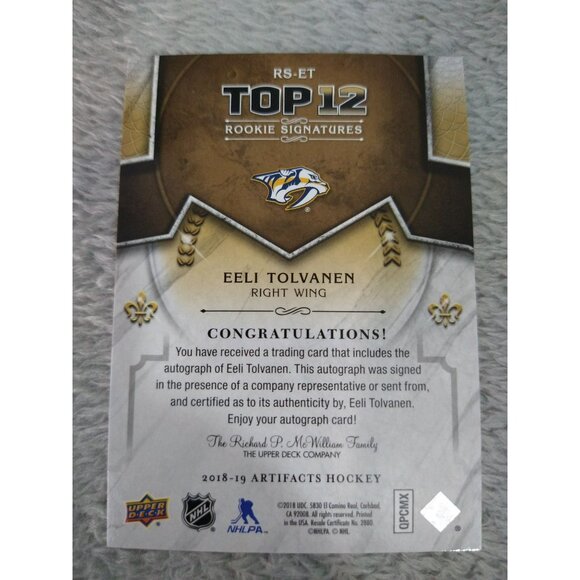 2018-19 Artifacts Top 12 Rookie Signatures Auto Autograph RS-ET Eeli Tolvanen SP - Picture 2 of 2